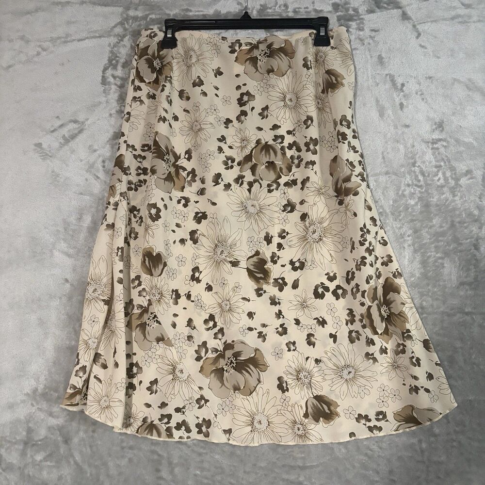 VTG Y2K Wrapper Floral Midi Skirt Size 14 Neutral Brown Faux Wrap Fairycore
